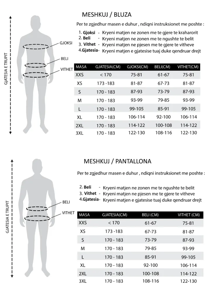 Tabela e masave për meshkuj: bluza dhe pantallona